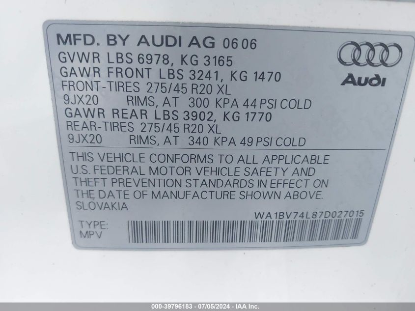 WA1BV74LB7D027015 2007 Audi Q7 4.2 Quattro Premium