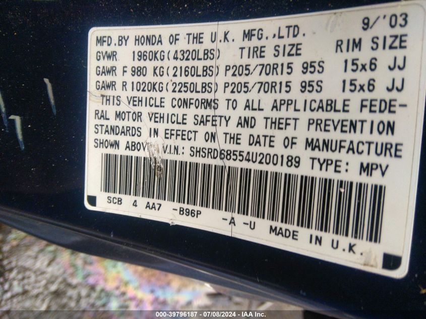 2004 Honda Cr-V Lx VIN: SHSRD68554U200189 Lot: 39796187