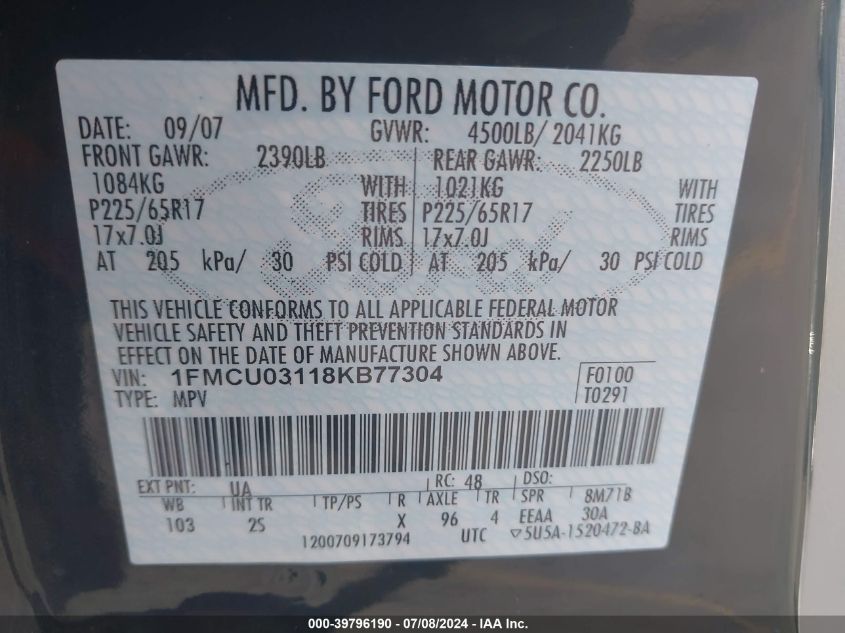 2008 Ford Escape Xlt VIN: 1FMCU03118KB77304 Lot: 39796190