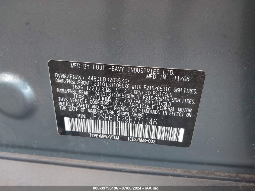 2009 Subaru Forester 2.5X VIN: JF2SH61629H771146 Lot: 39796196