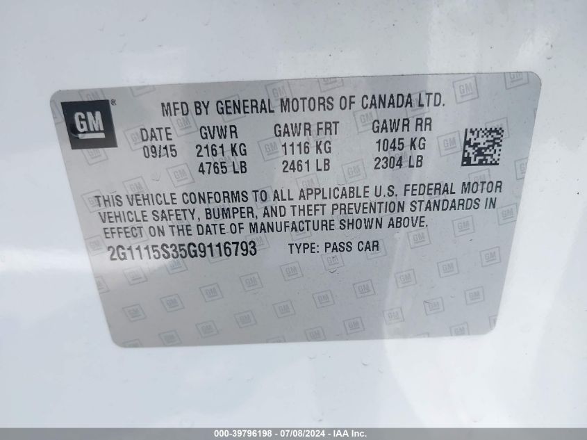 2016 Chevrolet Impala 2Lt VIN: 2G1115S35G9116793 Lot: 39796198