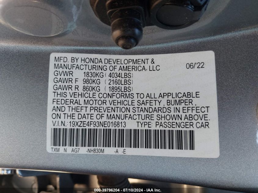 2022 HONDA INSIGHT TOURING - 19XZE4F93NE016813