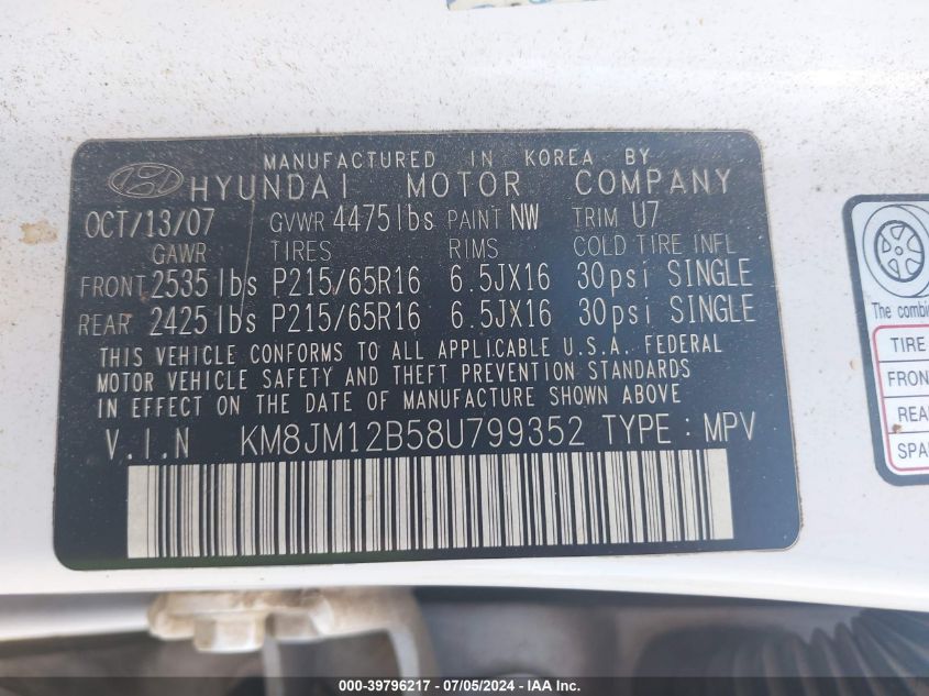 2008 Hyundai Tucson Gls VIN: KM8JM12B58U799352 Lot: 39796217