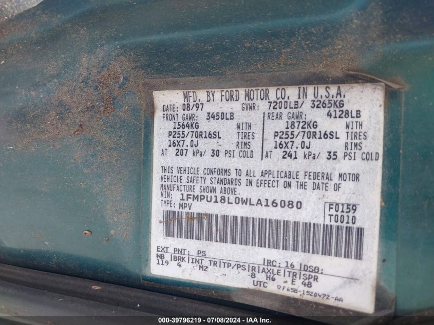 1998 Ford Expedition Eddie Bauer/Xlt VIN: 1FMPU18L0WLA16080 Lot: 39796219