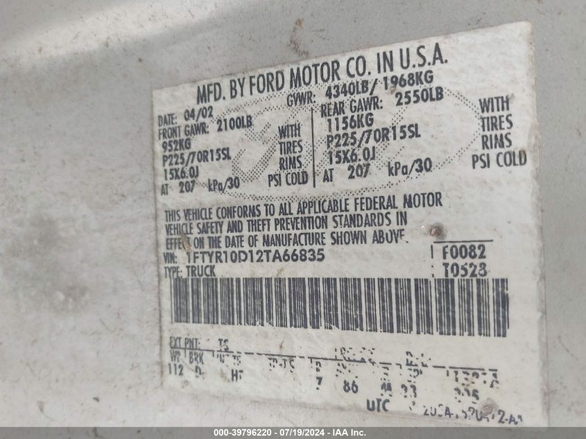 2002 Ford Ranger Xl/Xlt VIN: 1FTYR10D12TA66835 Lot: 39796220