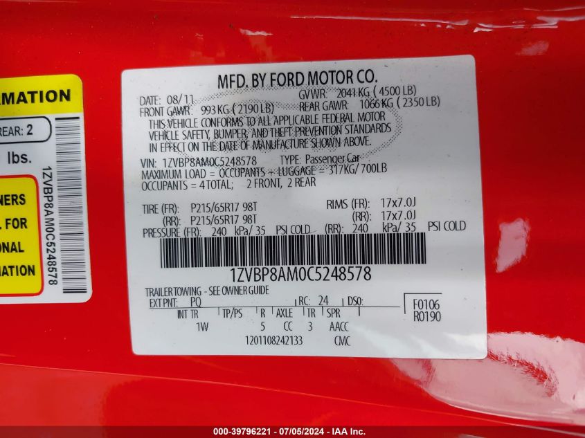 2012 Ford Mustang V6 VIN: 1ZVBP8AM0C5248578 Lot: 39796221