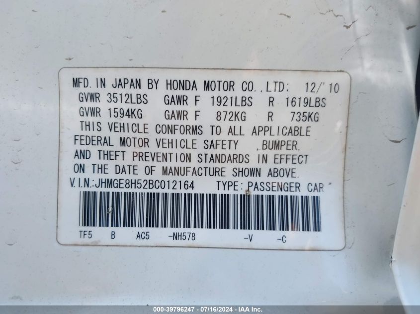 2011 Honda Fit Sport VIN: JHMGE8H52BC012164 Lot: 39796247