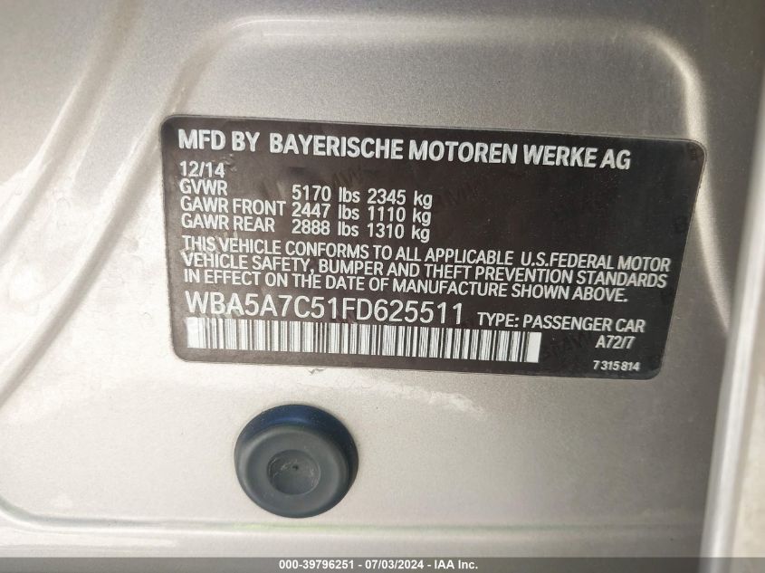 2015 BMW 528I xDrive VIN: WBA5A7C51FD625511 Lot: 39796251