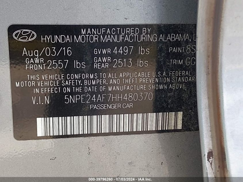 2017 Hyundai Sonata Se VIN: 5NPE24AF7HH480370 Lot: 39796260