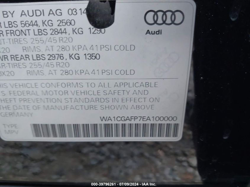 2014 Audi Sq5 3.0T Premium Plus VIN: WA1CGAFP7EA100000 Lot: 39796261