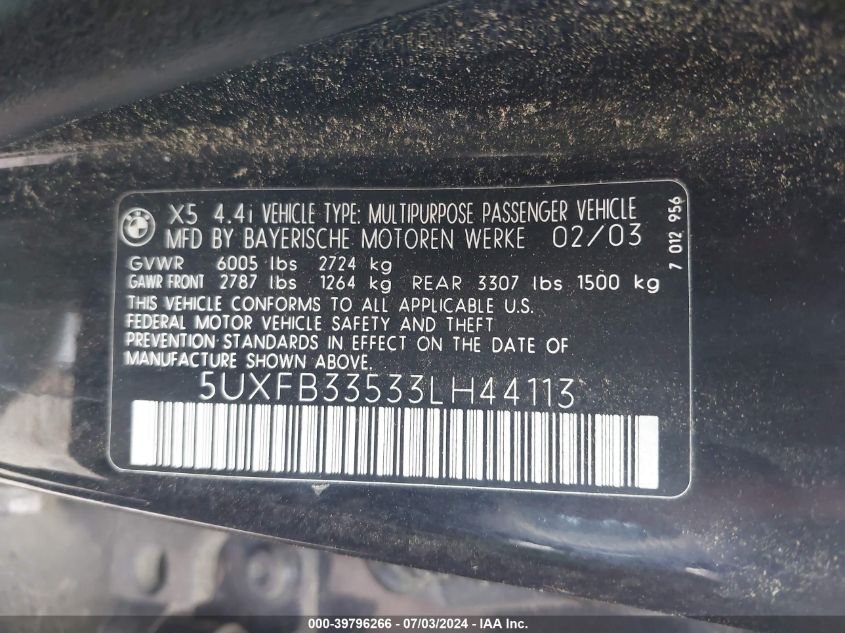 2003 BMW X5 4.4I VIN: 5UXFB33533LH44113 Lot: 39796266