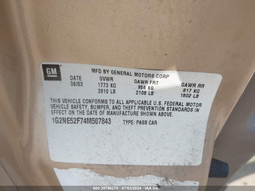 2004 Pontiac Grand Am Se VIN: 1G2NE52F74M507843 Lot: 39796270