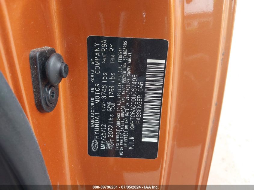 2013 Hyundai Veloster Base W/Black VIN: KMHTC6AD0DU087496 Lot: 39796281