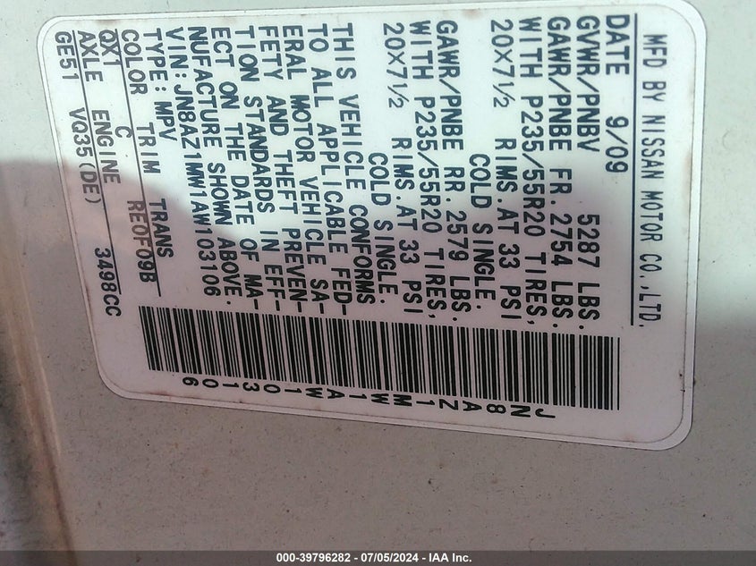 2010 Nissan Murano Le VIN: JN8AZ1MW1AW103106 Lot: 39796282