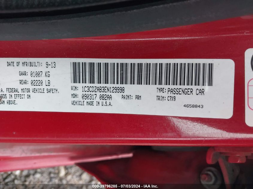 2014 Dodge Avenger Se VIN: 1C3CDZAB3EN129998 Lot: 39796285