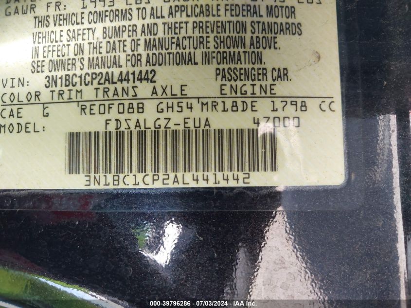 2010 Nissan Versa 1.8Sl VIN: 3N1BC1CP2AL441442 Lot: 39796286