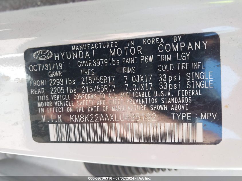 2020 Hyundai Kona Sel VIN: KM8K22AAXLU495192 Lot: 39796316