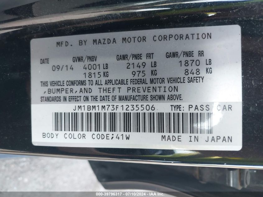 2015 Mazda Mazda3 Grand Touring VIN: JM1BM1M73F1235506 Lot: 39796317