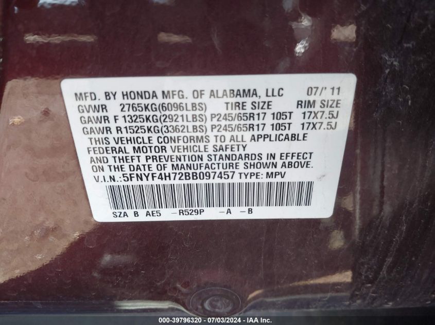 2011 Honda Pilot Exln VIN: 5FNYF4H72BB097457 Lot: 39796320