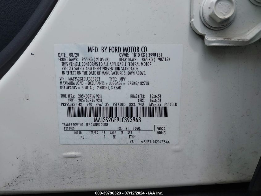 2020 Ford Ecosport Se VIN: MAJ3S2GE9LC393963 Lot: 39796323