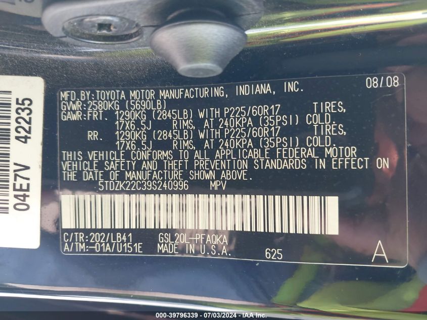 2009 Toyota Sienna Xle VIN: 5TDZK22C39S240996 Lot: 39796339