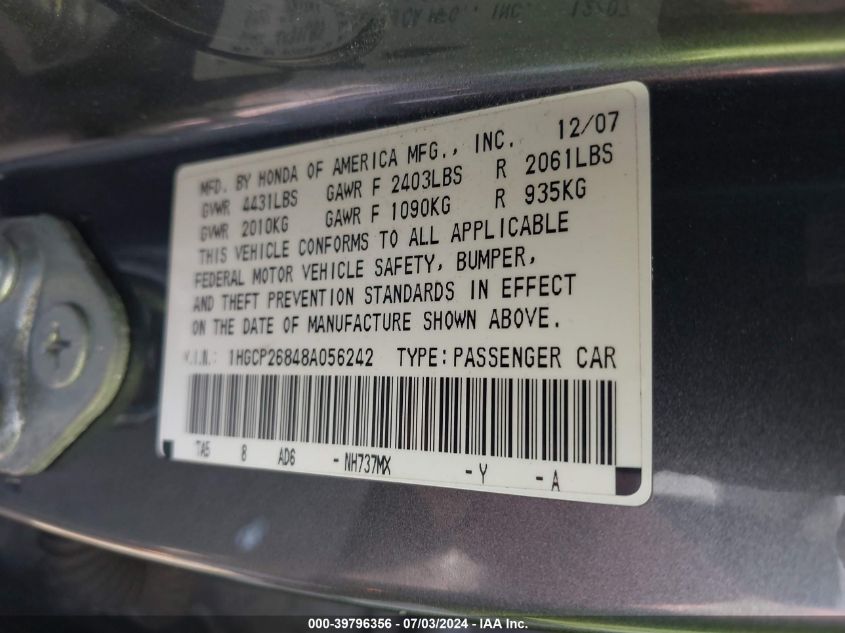 1HGCP26848A056242 | 2008 HONDA ACCORD