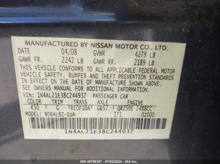 2008 Nissan Altima 2.5 S VIN: 1N4AL21E38C244937 Lot: 39796357