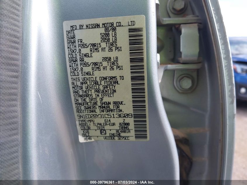 2001 Nissan Xterra Xe VIN: 5N1ED28Y31C513609 Lot: 39796361