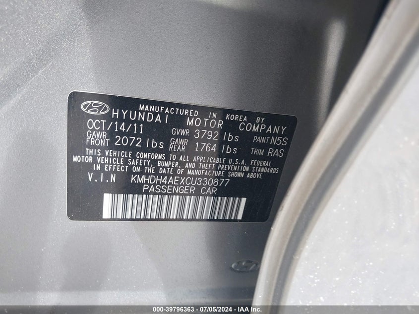 2012 Hyundai Elantra Limited (Ulsan Plant) VIN: KMHDH4AEXCU330877 Lot: 39796363