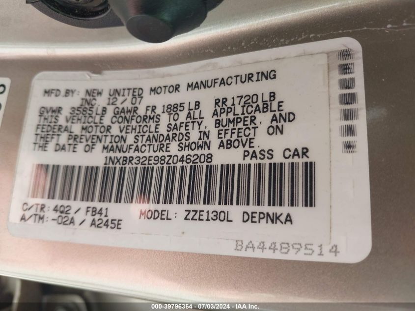 2008 Toyota Corolla Le VIN: 1NXBR32E98Z046208 Lot: 39796364