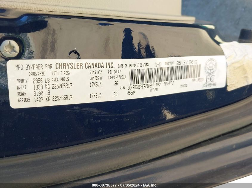 2014 Dodge Grand Caravan Se/Sxt VIN: 2C4RDGBG7ER210591 Lot: 39796377