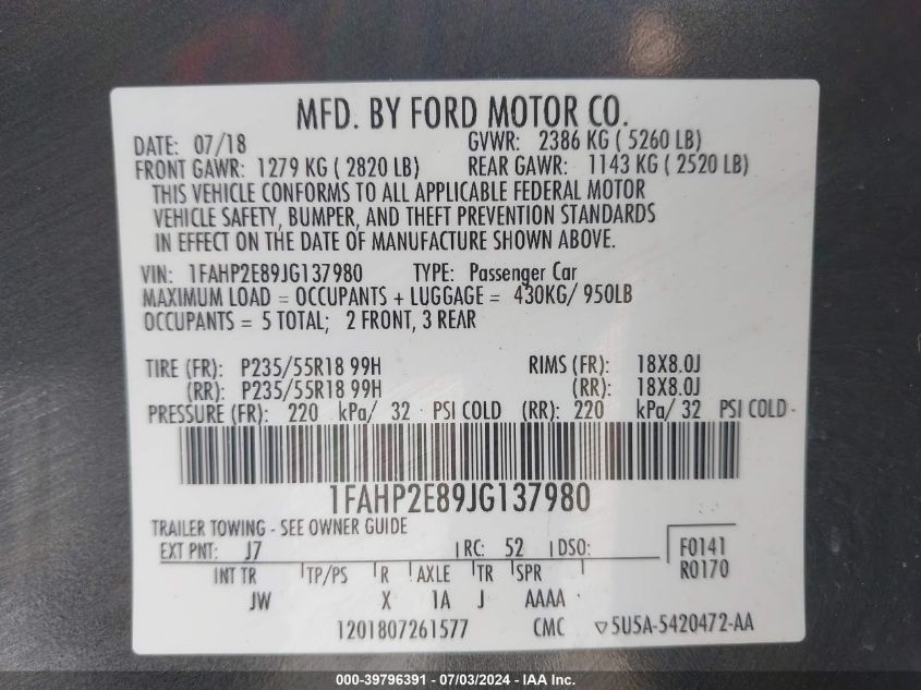 2018 Ford Taurus Sel VIN: 1FAHP2E89JG137980 Lot: 39796391