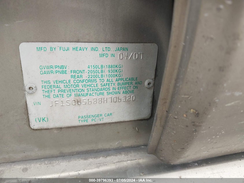 2008 Subaru Forester 2.5X VIN: JF1SG65688H706320 Lot: 39796393