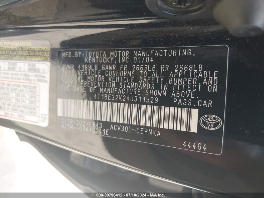 2004 Toyota Camry Le/Xle/Se VIN: 4T1BE32K24U311529 Lot: 39796412