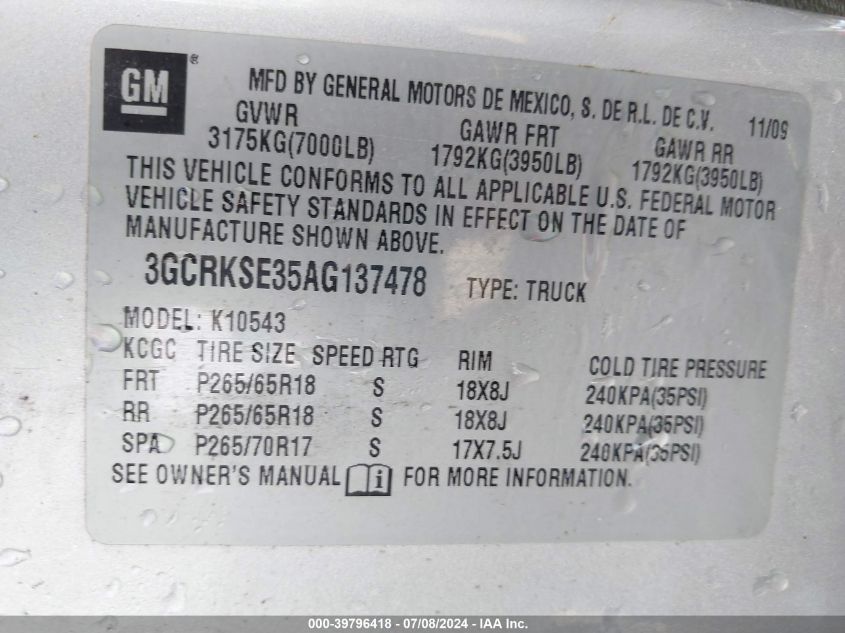 2010 Chevrolet Silverado 1500 Lt VIN: 3GCRKSE35AG137478 Lot: 39796418