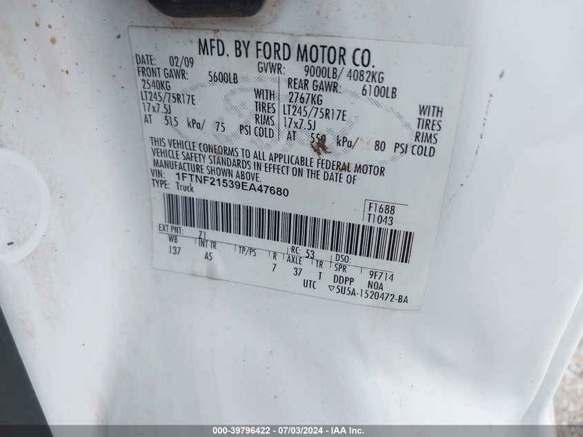 2009 Ford F-250 Xl/Xlt VIN: 1FTNF21539EA47680 Lot: 39796422