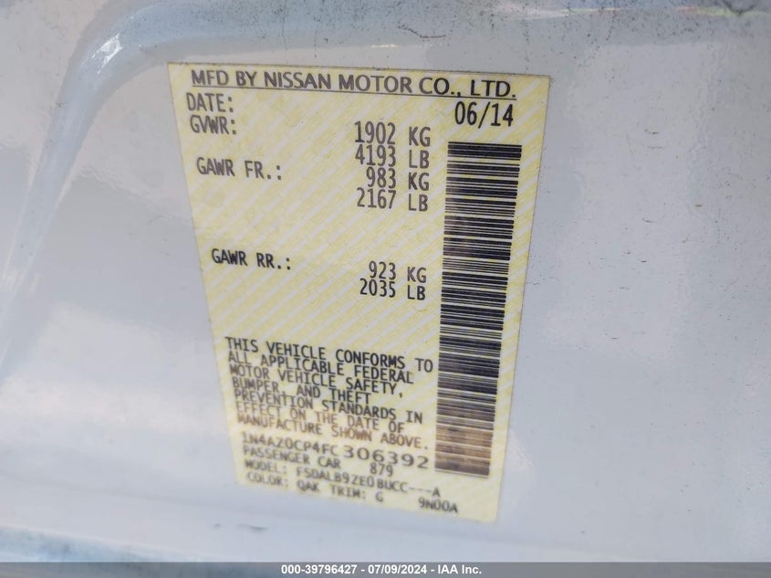 2015 Nissan Leaf S/Sv/Sl VIN: 1N4AZ0CP4FC306392 Lot: 39796427