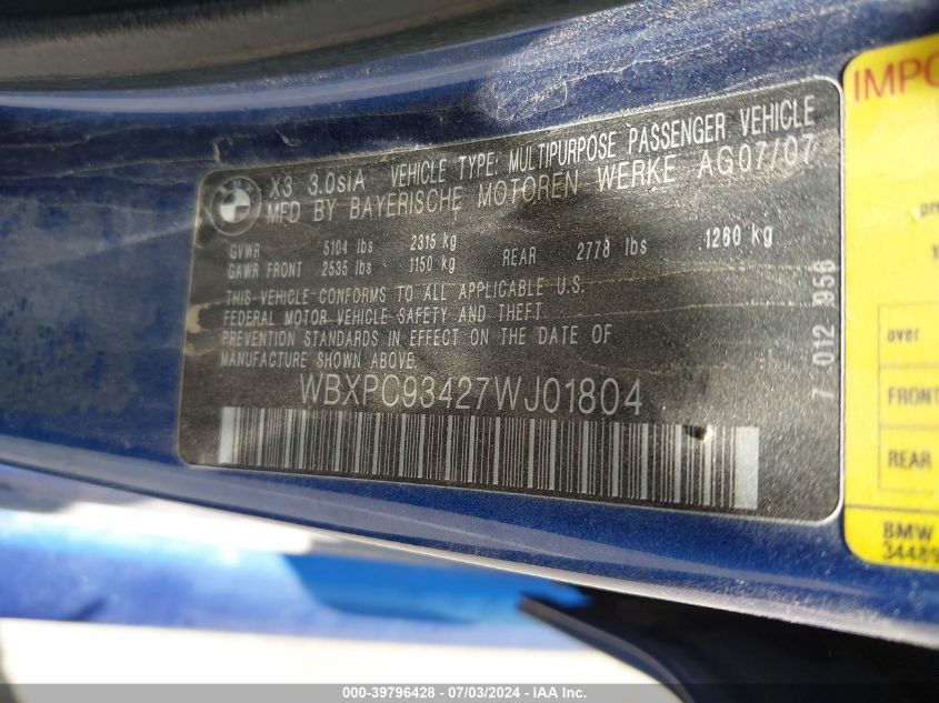 2007 BMW X3 3.0Si VIN: WBXPC93427WJ01804 Lot: 39796428