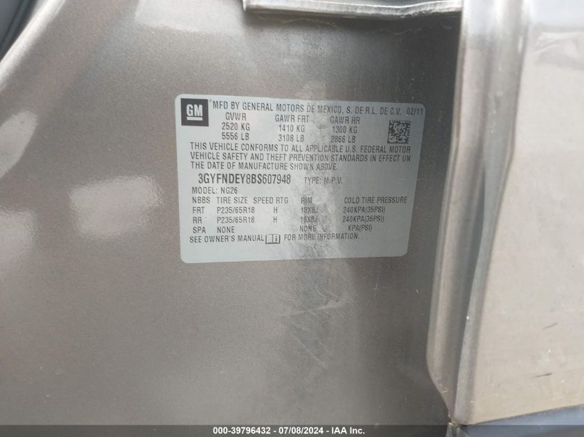 2011 Cadillac Srx Luxury Collection VIN: 3GYFNDEY8BS607948 Lot: 39796432