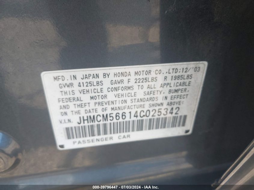 2004 Honda Accord 2.4 Ex VIN: JHMCM56614C025342 Lot: 39796447