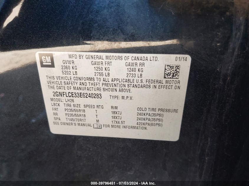 2014 Chevrolet Equinox Lt VIN: 2GNFLCE33E6240283 Lot: 39796451
