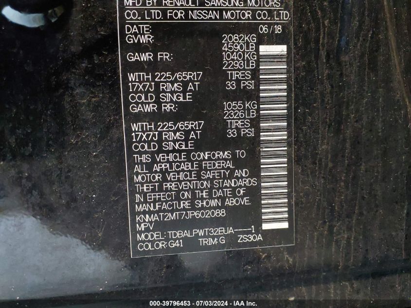 2018 Nissan Rogue S VIN: KNMAT2MT7JP602088 Lot: 39796453