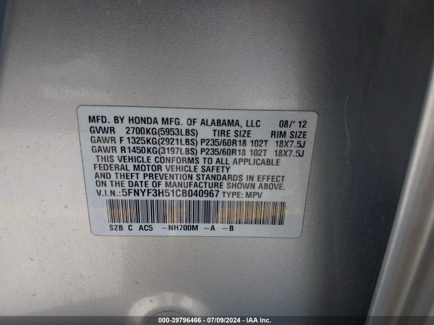 2012 Honda Pilot Exl VIN: 5FNYF3H51CB040967 Lot: 39796466