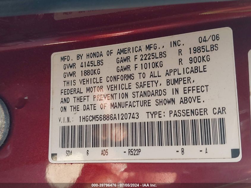 2006 Honda Accord Ex VIN: 1HGCM56886A120743 Lot: 39796476