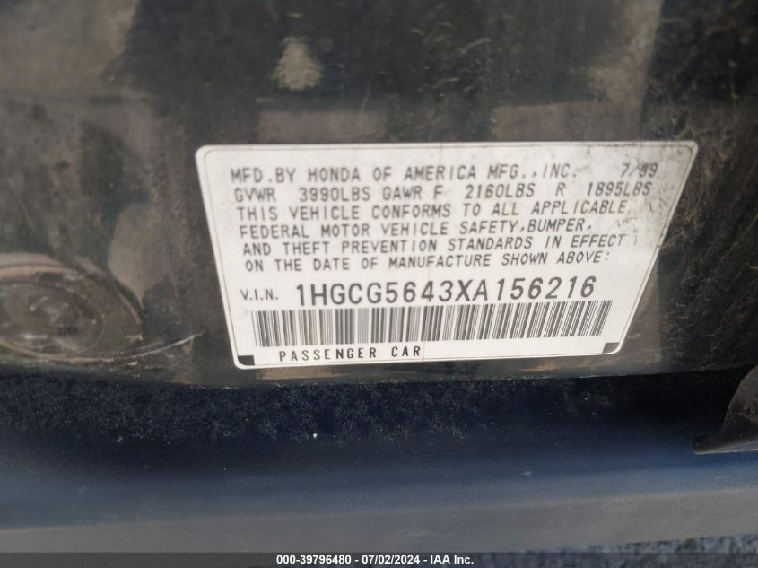 1999 Honda Accord Lx VIN: 1HGCG5643XA156216 Lot: 39796480