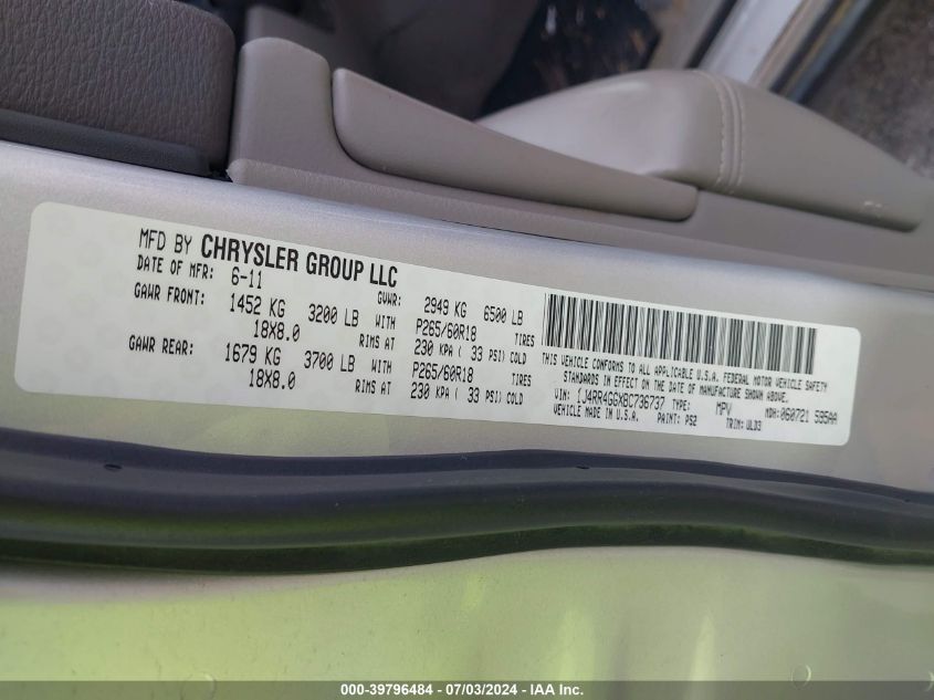 2011 Jeep Grand Cherokee Laredo VIN: 1J4RR4GGXBC736737 Lot: 39796484