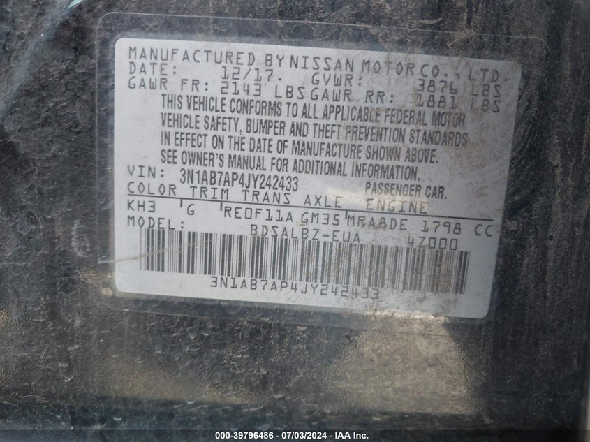 2018 Nissan Sentra S VIN: 3N1AB7AP4JY242433 Lot: 39796486