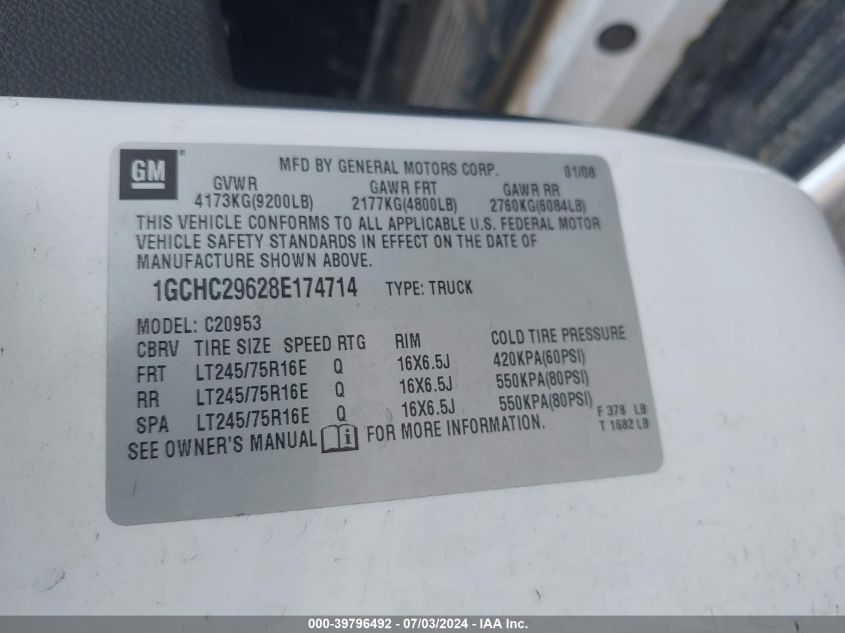 2008 Chevrolet Silverado 2500Hd Lt1 VIN: 1GCHC29628E174714 Lot: 39796492