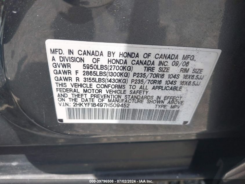2007 Honda Pilot Ex VIN: 2HKYF18497H509452 Lot: 39796508