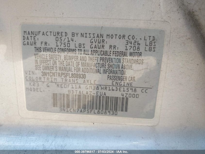 2015 Nissan Versa 1.6 S+ VIN: 3N1CN7AP5FL808930 Lot: 39796517